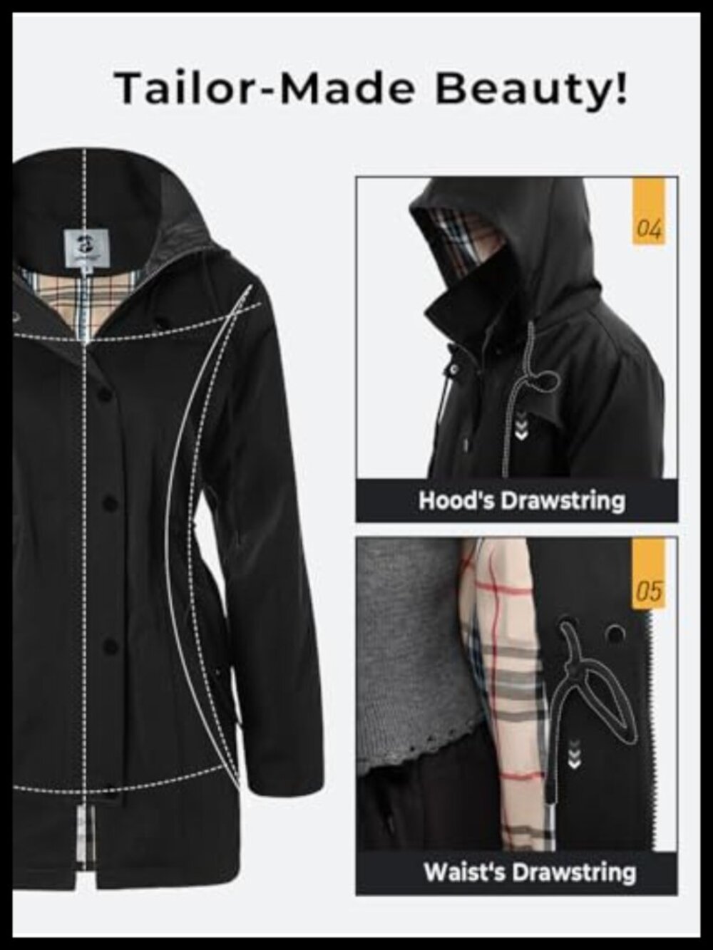 SaphiRose Long Hooded Rain Jacket Water Resistant Outdoor Windbreaker - Picture 3 of 5